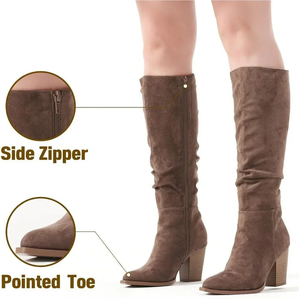 Women's Khaki Pointed Toe Faux Suede Slouch Chunky Heel Knee High Boots